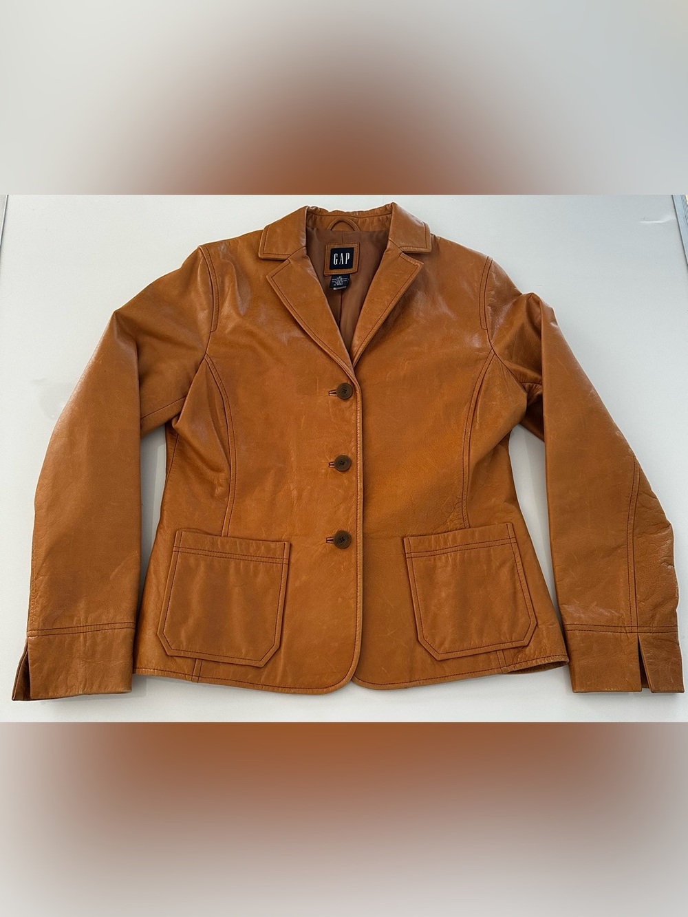 VTG Gap Leather Blazer Jacket Tan Camel Womens Sz Med Y2K Preppy Lined 3 Button